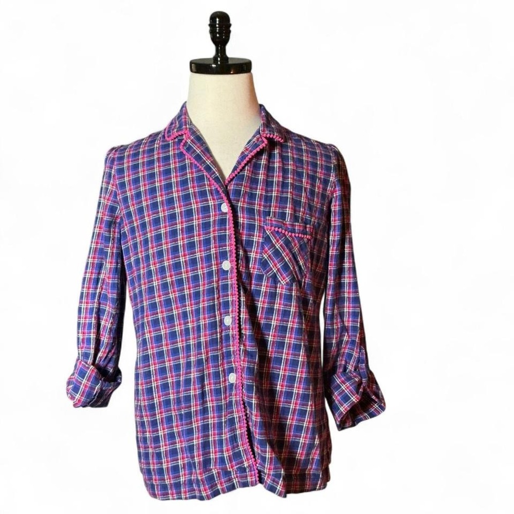 Victorias Secret Plaid Pajama Top Shirt‎ Pink Blue White Metallic L G
